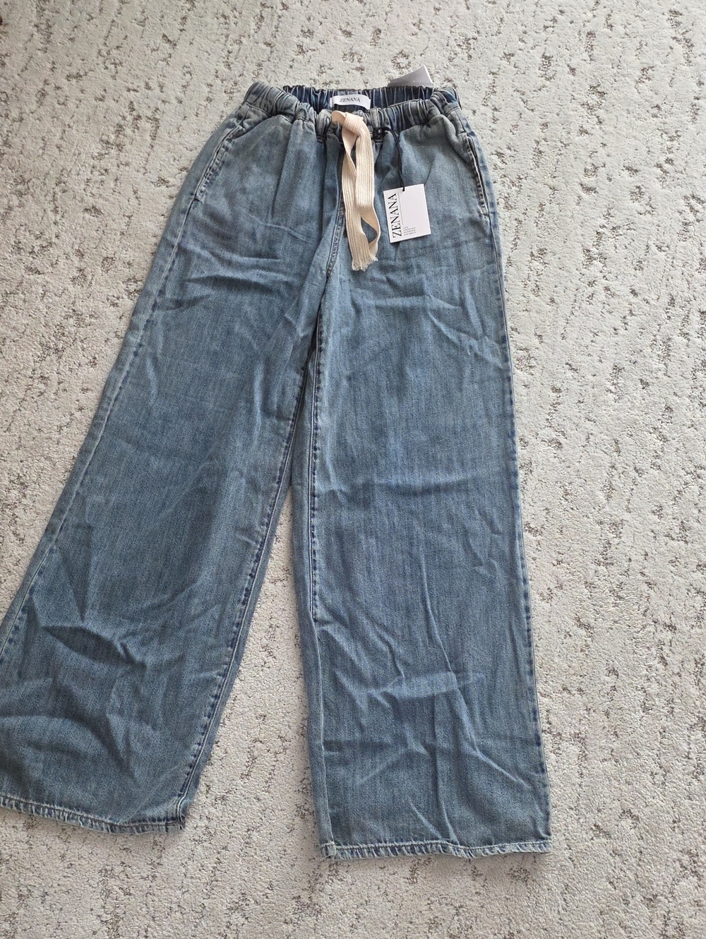 Zenana Light Blue Wide-Leg Drawstring Denim Pants